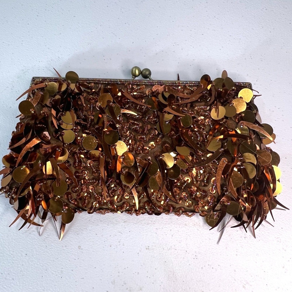 Sequin Amber‎ Gold Ladies Clutch Bag Beaded Handle Vintage Evening Y2K Sparkle